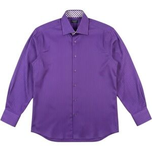 Domani Blue Label Mens Purple Striped Dress Shirt 16 32-33 Gingham Trim Long Slv